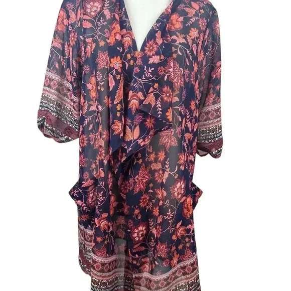 Band of Gypsies orange and blue open front flowy kimono size XS - Picture 3 of 9